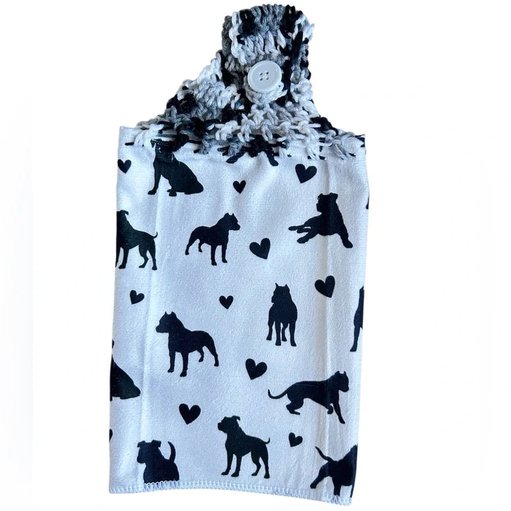 Hand Crafted Black and White Dog Pattern Pit Bull Hanging Hand Towel